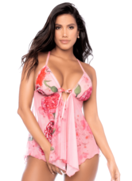 Nuisette résille rose imprimé floral et string - MAL7607BLPD